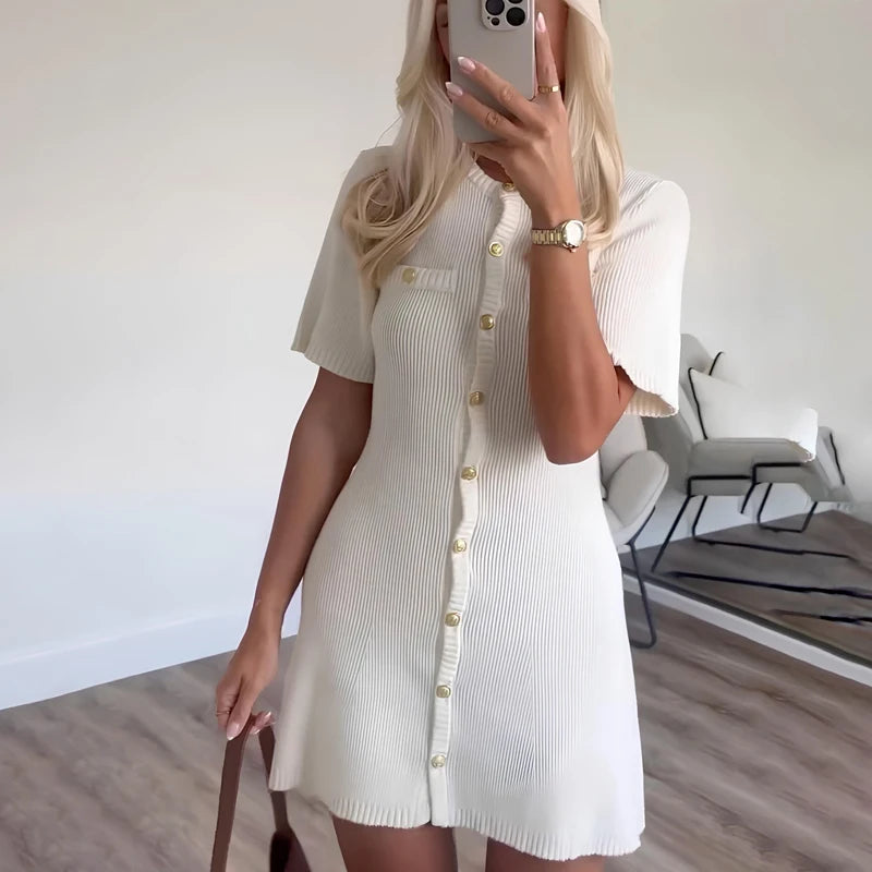 Elegant Metal Button Ribbed Mini Dress