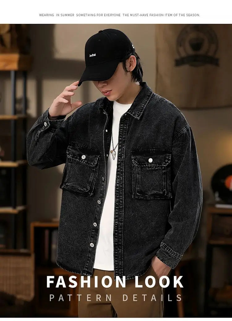 Men Fashion Denim Jackets Coats Loose Fit Pockets Solid Turn Down Collar Full Sleeve Regular Jacket Spring 2025 Causal Clothing