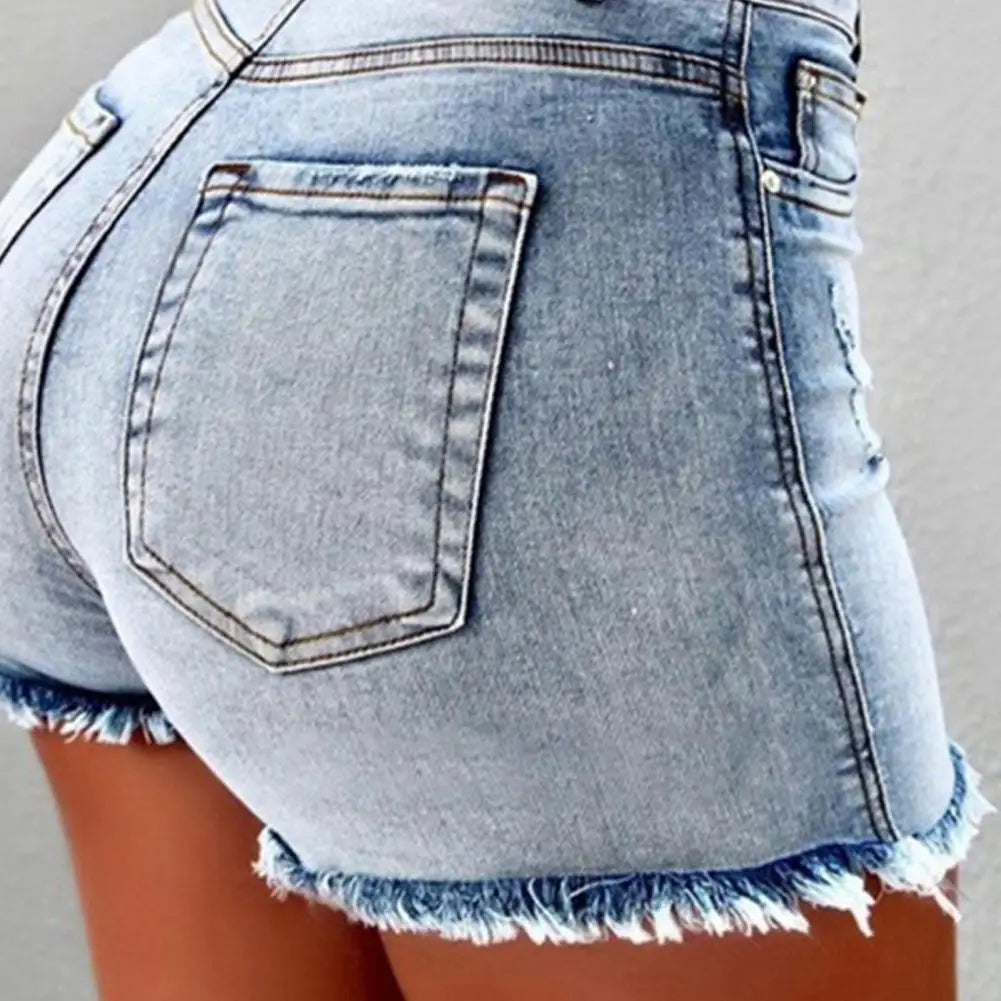Women's High Waist Distressed Denim Shorts | Retro Slim Fit
