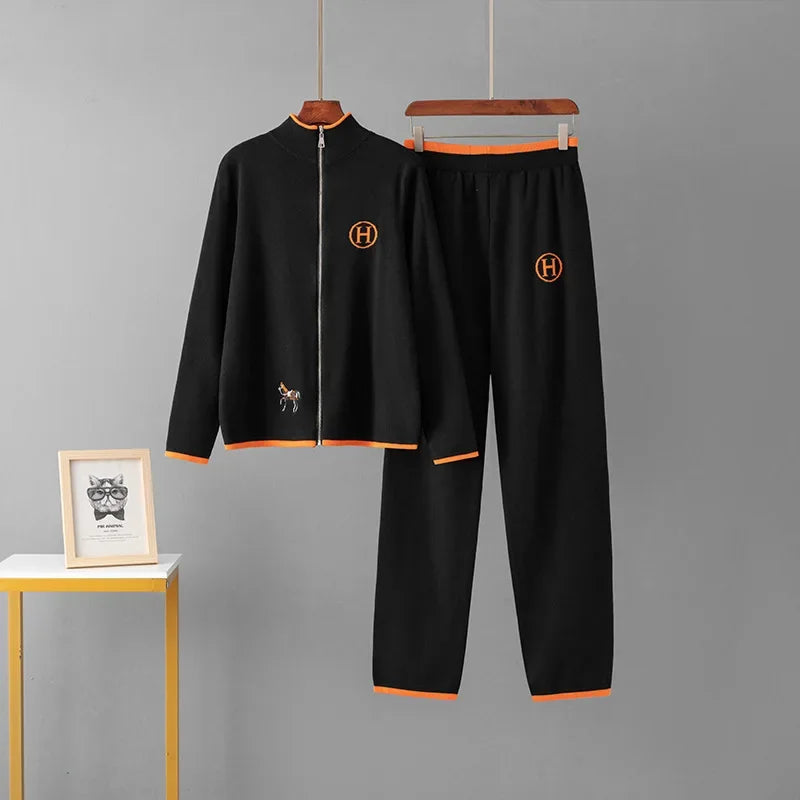 USA-Made Luxury Wool 2-Piece Set: Embroidered Horse Knit Jacket & Pants