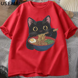 Ramen Cat Tshirt Japanese Style Cat Lover T-Shirt Kawaii Cartoon Cotton Short Sleeve T Shirts Mens Clothes Tee Shirt Tops