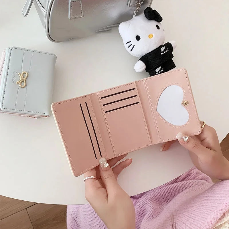 Fashion Wallets Girls Cute Bow Small Wallet Aesthetic Card Holder Classic Three Fold Purse For Women Student Simple Coin Pouch