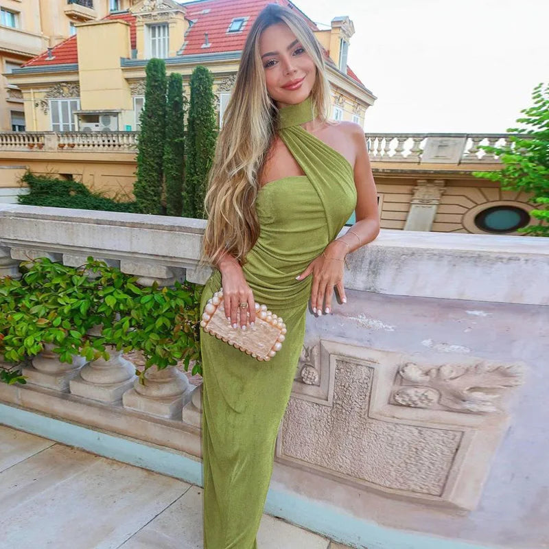 Elegant Halter Ruched Backless Maxi Dress