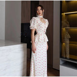 Women White Pink Floral Print Fishtail Skirt Set Chic V Neck Puff Sleeve Ruffle Button Crop Top Suit Elegant Lady Wedding Outfit