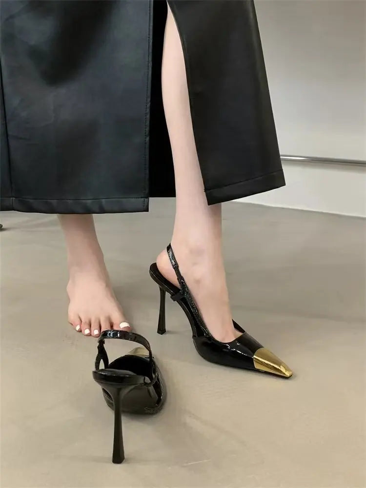 Women's High-heeled Sandals Summer New Metal square Head Patent Leather Black Stiletto Pumps Sexy Party SlingBack Shoes