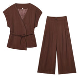 2-Piece Sleeveless V-Neck Trouser Set with Belt – Summer Commuter Wide Leg Suit