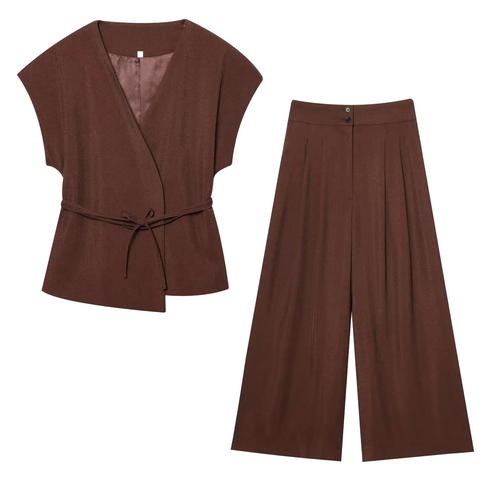 2-Piece Sleeveless V-Neck Trouser Set with Belt – Summer Commuter Wide Leg Suit