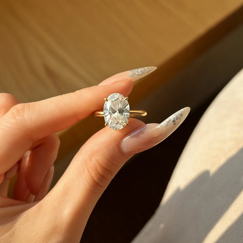 1ct Oval Moissanite Engagement Ring – Sterling Silver 4-Prong Pave Setting