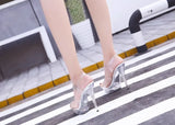 Ladies Crystal Sandals 12cm 13CM 15cm Thin Heel Slippers Transparent Model Runway Training High Heels Catwalk Performance Shoes