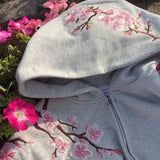 Cherry Blossom Embroidered Zip-Up Hoodie