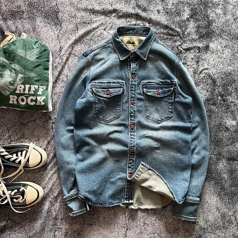 Heavyweight Stretchy Denim Shirt | Fall/Winter | 100% Cotton | Blue Washed | Thick Long-Sleeve Shirt for Men / Outerwear