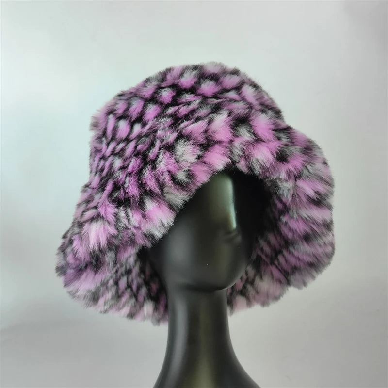 1pcs Winter Faux Fur Bucket Hat Warm Fluffy Plush colorful soft Winter hat Personality fur Fisherman Hats for women Plush hat겨