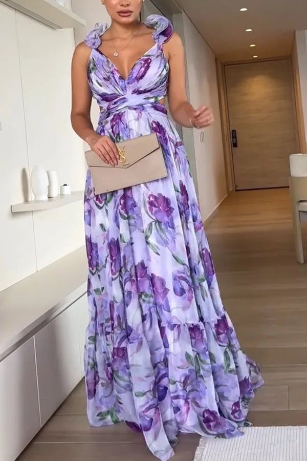 Elegant V-Neck Floral Silk-Laminate Maxi Dress – Summer 2025 Edition