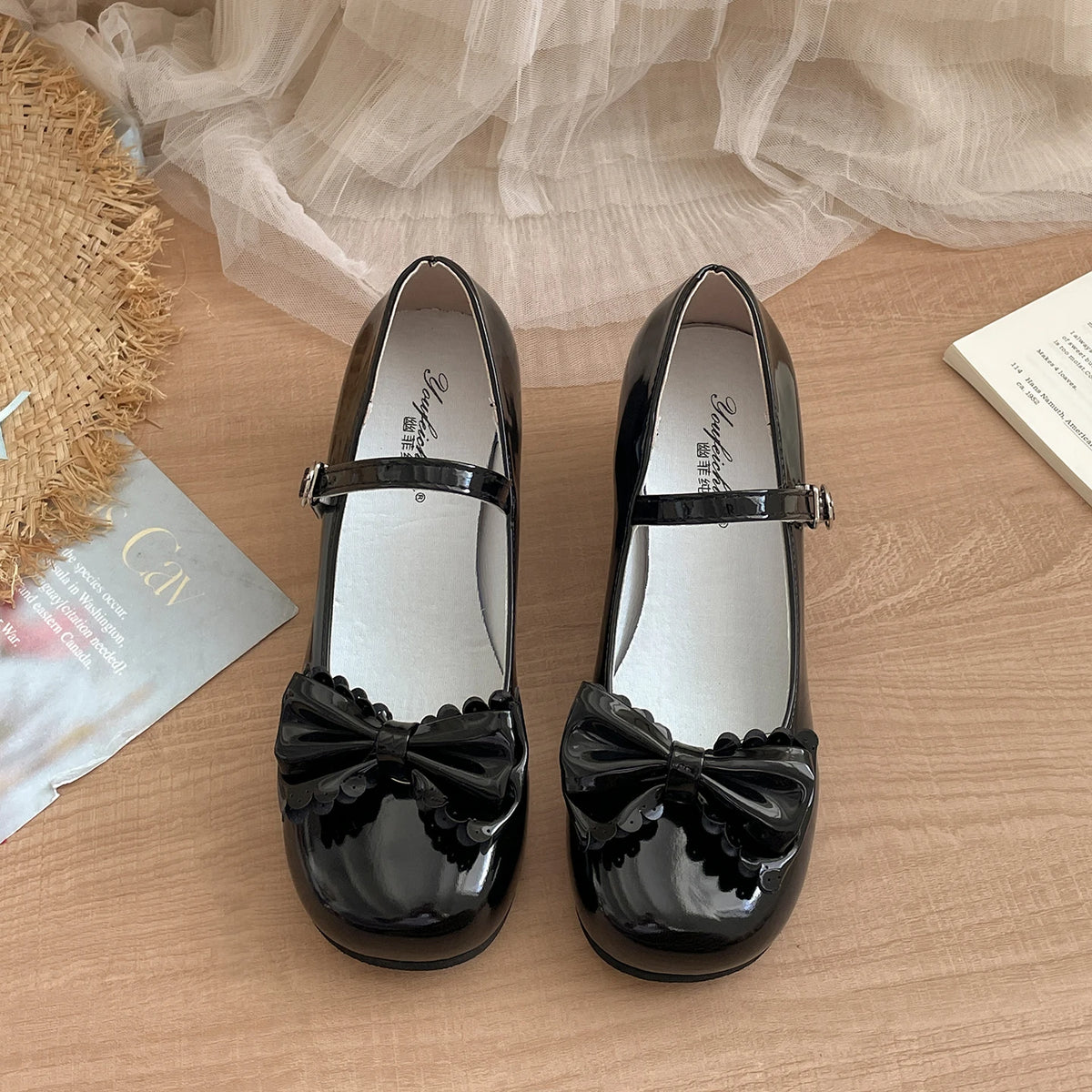 Cute Butterfly-knot Women Lolita Mary Jane Shoes Concise Thick Heel Leather Shoes Ladies Shallow Pumps