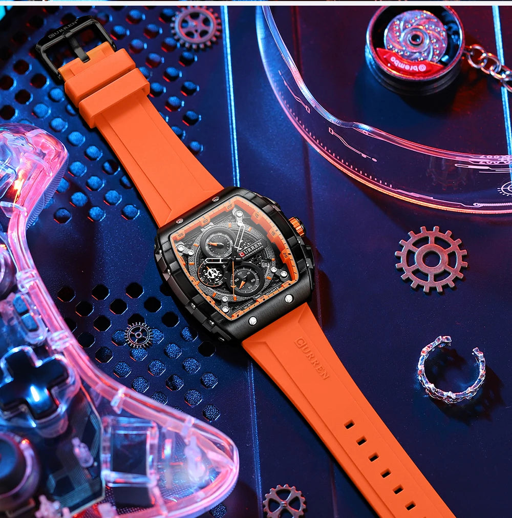 Men’s Sport Quartz Watch – Yellow Silicone Strap, Luminous Auto Date Square Dial