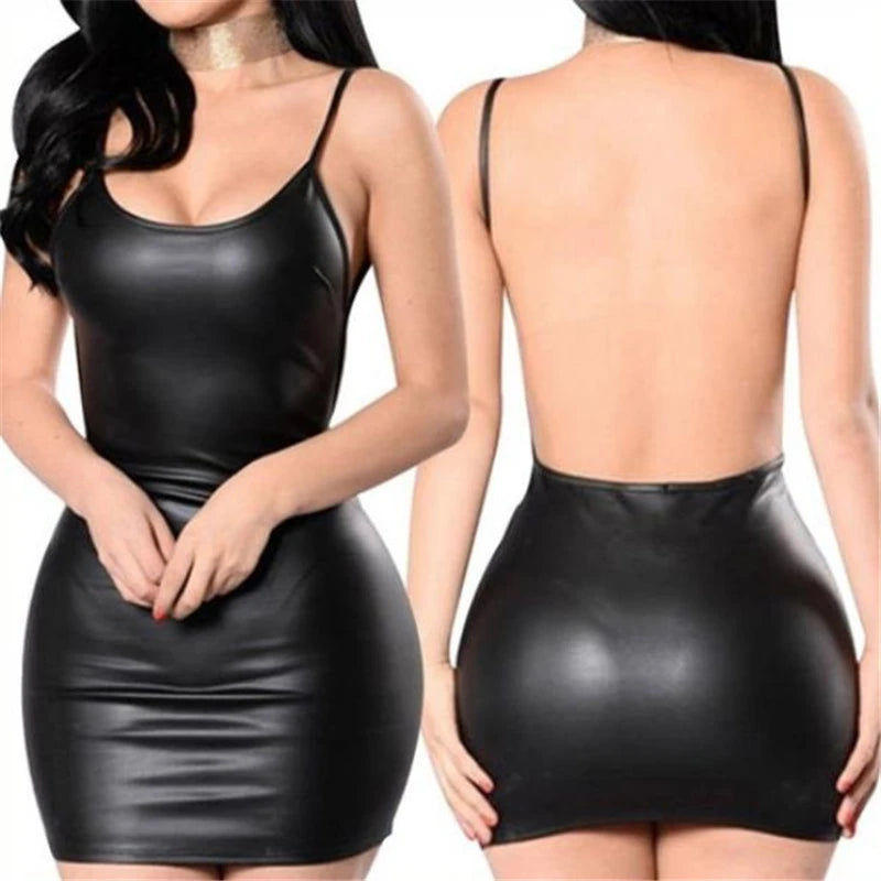 Sleek Faux Leather Bodycon Mini Dress | Backless Party Wrap