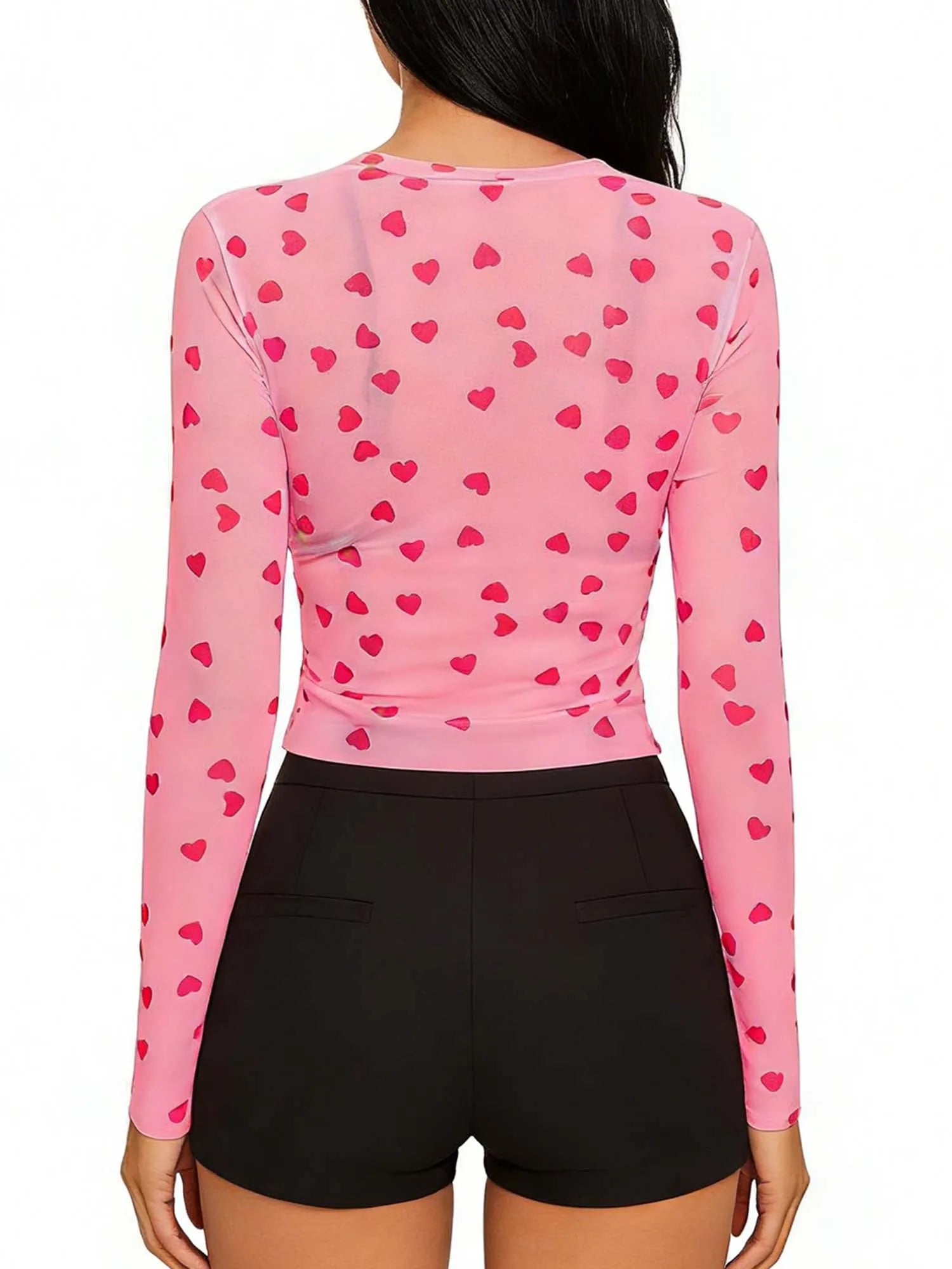 Heart Print Mesh Long Sleeve Crop Top