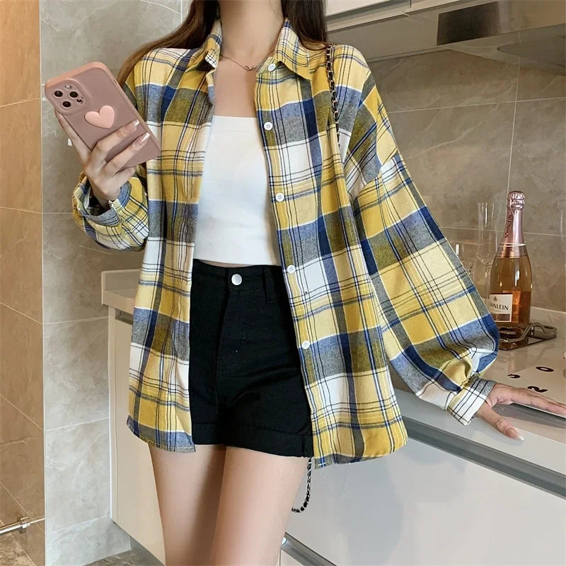 Vintage Plaid Long-Sleeve Blouse