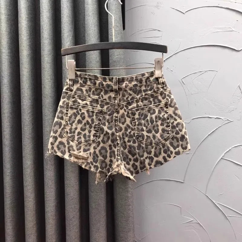 Leopard Print High-Waist Denim Shorts for Women
