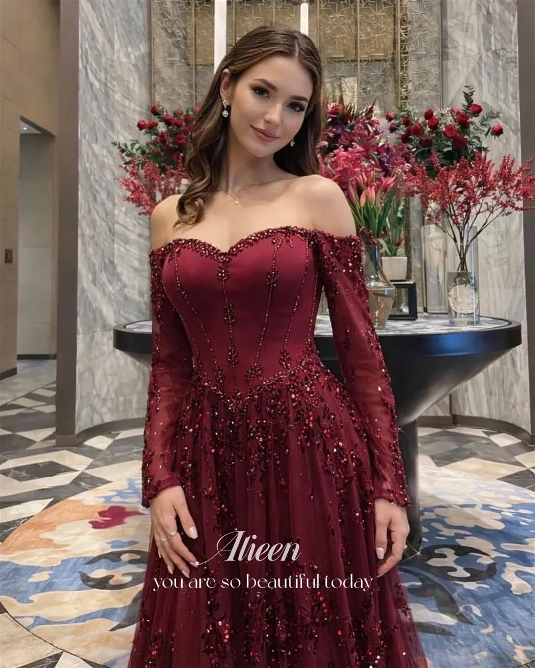 Aileen Tulle Off-Shoulder Burgundy Ball Gown