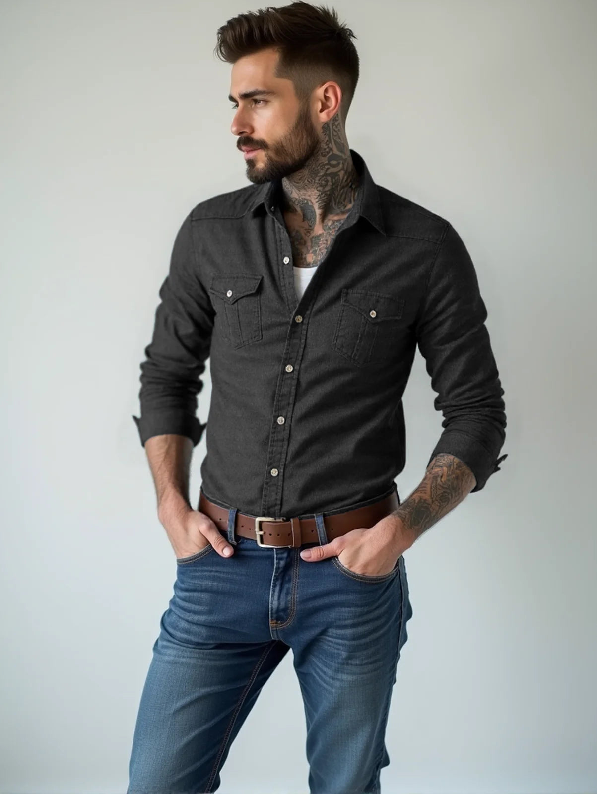 RVHS Elastic Cotton Denim Shirt Men Long Sleeve Quality Cowboy Shirts for Men Casual Slim Fit Mens Designer Clothing