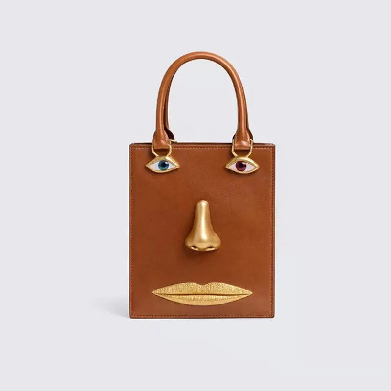 Face Bag Women High Quality Black Leather Luxury Brands Handbag Jewelry Eyes Gold-tone Metal Shoulder Strap Crossbody Bags