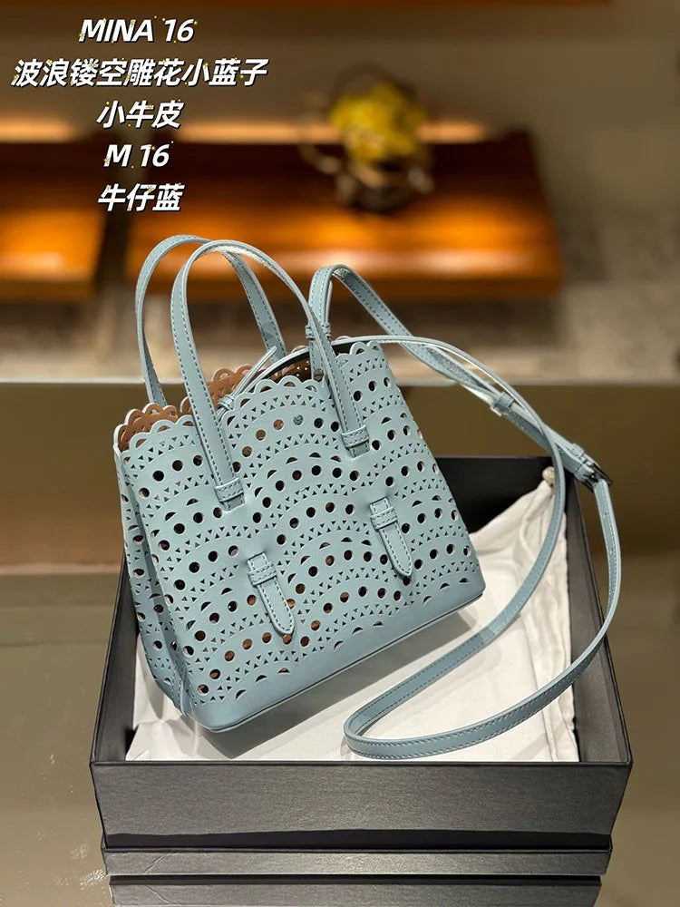 New Tote Bag French Cowhide Handmade Bag Niche Laser Engraved Hollow Leather Vegetable Basket Bag Casual Versatile Temperament
