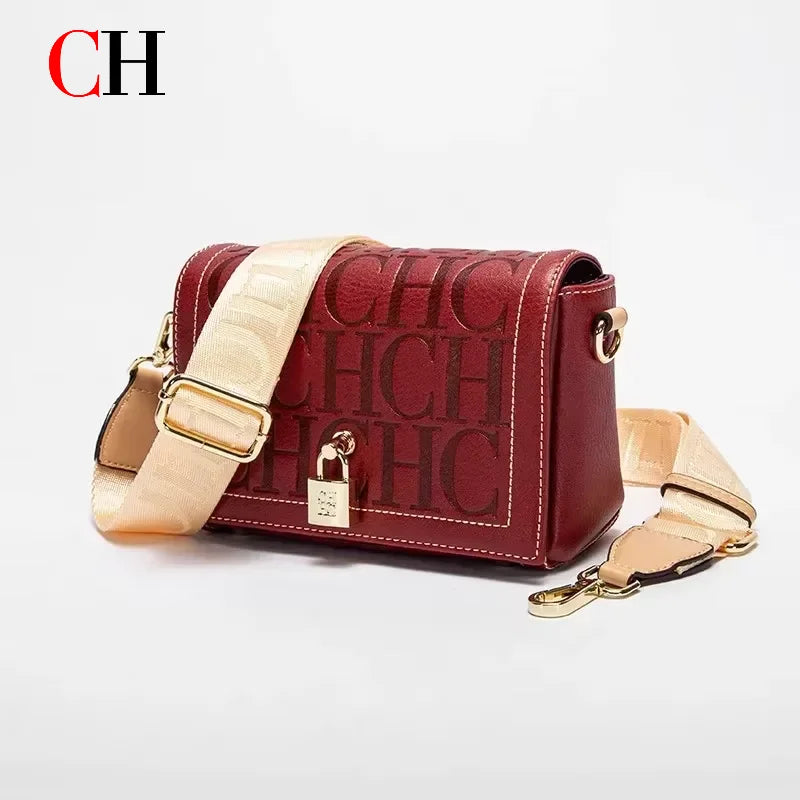 CH Crossbody Bag For Women Luxury Monogram Leather Handbag Fashion Wide Strap Shoulder Bag Elegant Lock Flap Bag For Daily Use