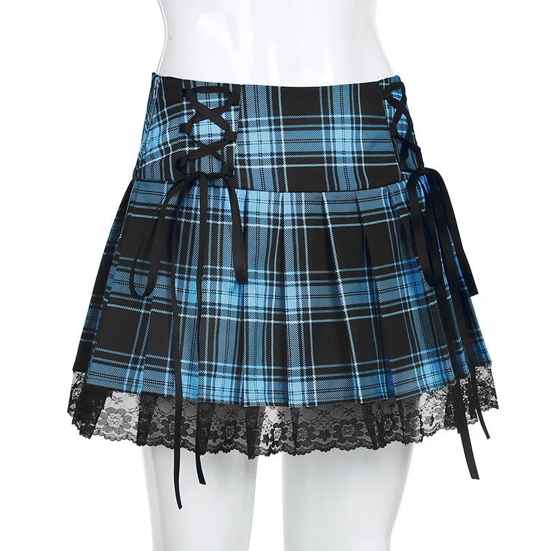 Pink Plaid Y2K Pleated Mini Skirt with Lace Trim