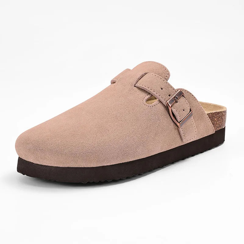 Evshine Men's Suede Clogs Fashion Leather Mules Cozy Footbed Slippers With Adjustable Buckle AntiSlip Cork Slippers Unisex Mules
