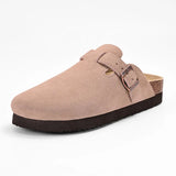 Evshine Men's Suede Clogs Fashion Leather Mules Cozy Footbed Slippers With Adjustable Buckle AntiSlip Cork Slippers Unisex Mules