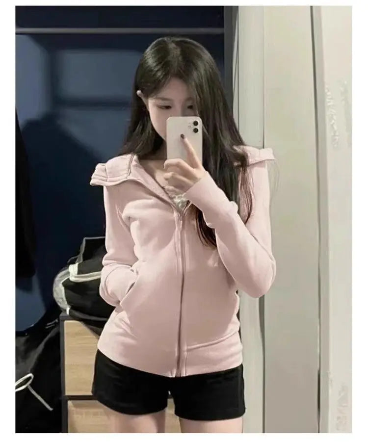 Streetwear Black Hoodie Coat 2025 Women's Clothing Hooded Zipper Slim Fit Y2k Jackets Casual Fashion Sweatshirts Tops Ropa Mujer