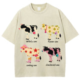 Cute Cartoon Cow Print T-Shirt Pure Cotton Washed Shoulder Round Neck Neutral Style Fashion Trend New High Quality Short Sleeves