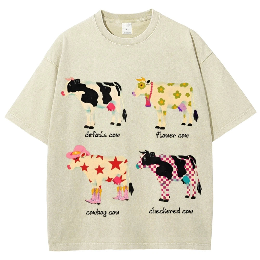Cute Cartoon Cow Print T-Shirt Pure Cotton Washed Shoulder Round Neck Neutral Style Fashion Trend New High Quality Short Sleeves