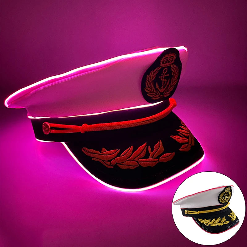 New Luminous White Sailor Captain Yacht Caps Wheat Embroidery LED Glow Navy Marine Hat Men Women Cosplay Halloween Costume Hats