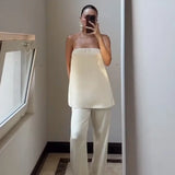 HXAO Satin Pant Sets Women's Two Pieces Set Strapless Off Shoulder Tube Vest 2 Piece Sets Woman Outfit High Waist Trousers Sets