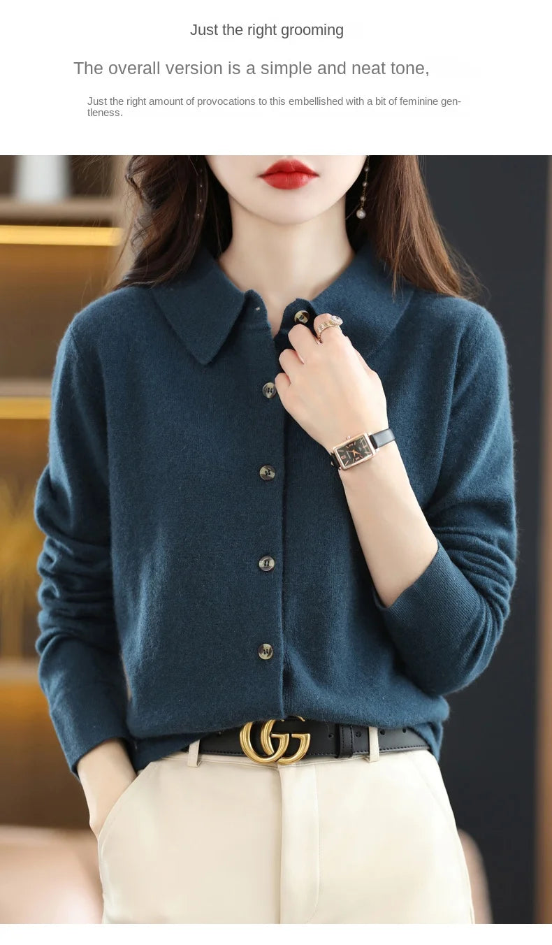 Polo Collar Spun Wool Cardigan – Elegant Single-Breasted Knit Jacket