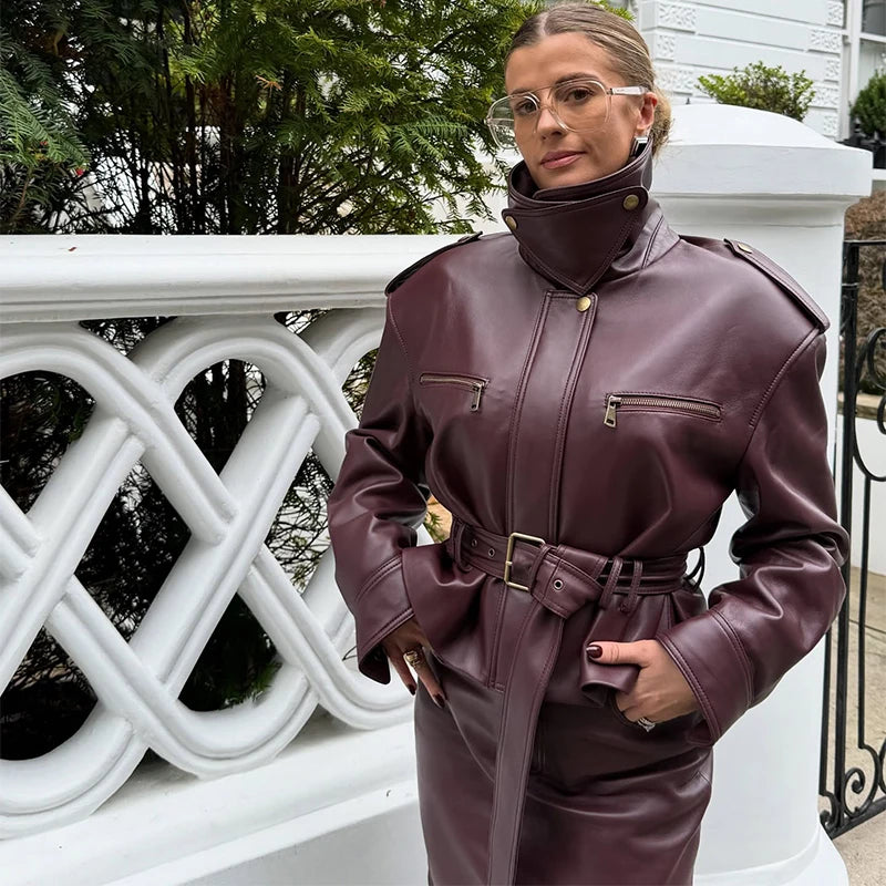 Vintage Women's Leather Jacket Stand Collar Pocket Short Coats Retro Waistband Zipper Outwear 2025 New Autumn Winter Lad Jackets