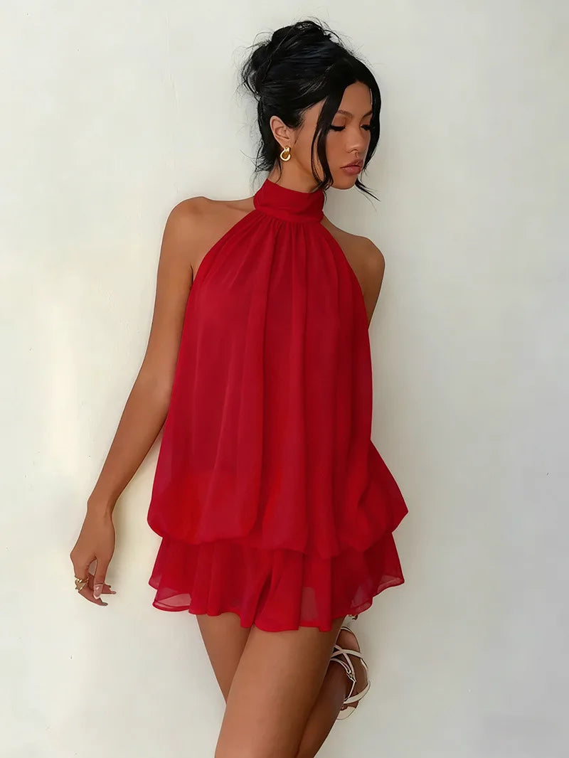 Women's Halter Neck Backless Tie-Front Mini Dress