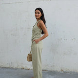 Women Green Bowknot Wide-leg Pant Suits Chic Solid Sleeveless Lace Up Slim Fit Long Pant Sets 2026 Lady Daily Street Outfits New