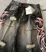 Y2K Dark Wash Wide Leg Jeans with Pink Flame Embroidery