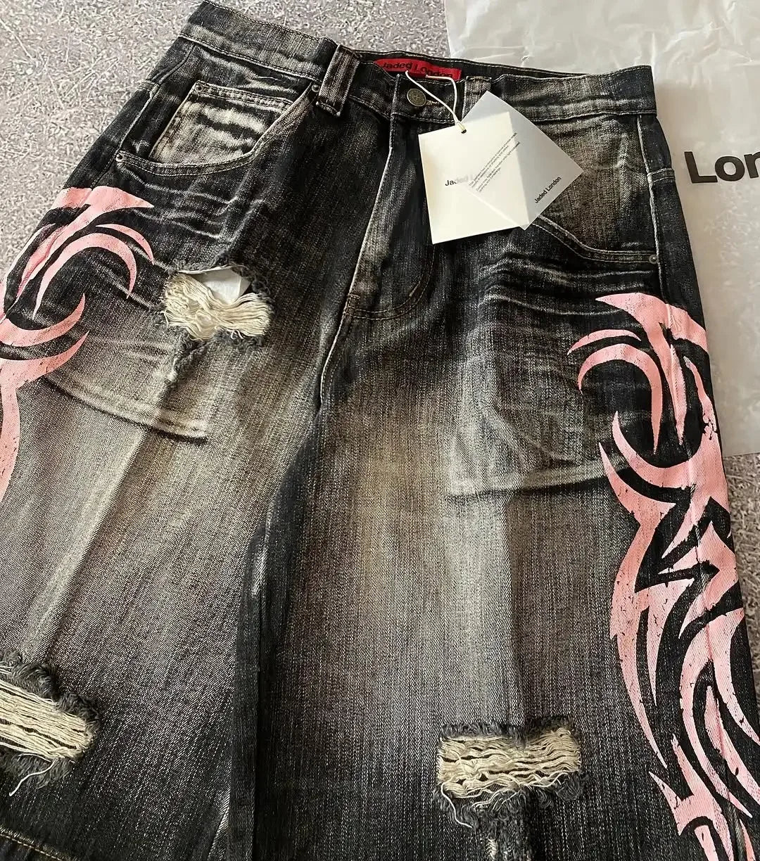 Y2K Dark Wash Wide Leg Jeans with Pink Flame Embroidery