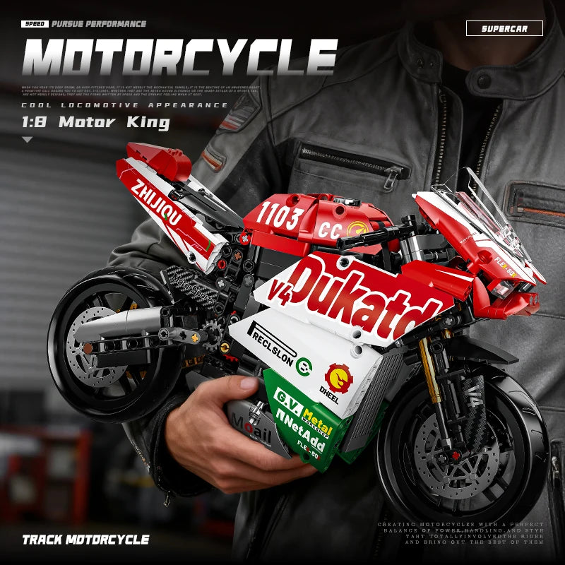Technology motorcycle building block set, V4 super motorcycle model set, technology racing, STEM assembly toy gift for boys and