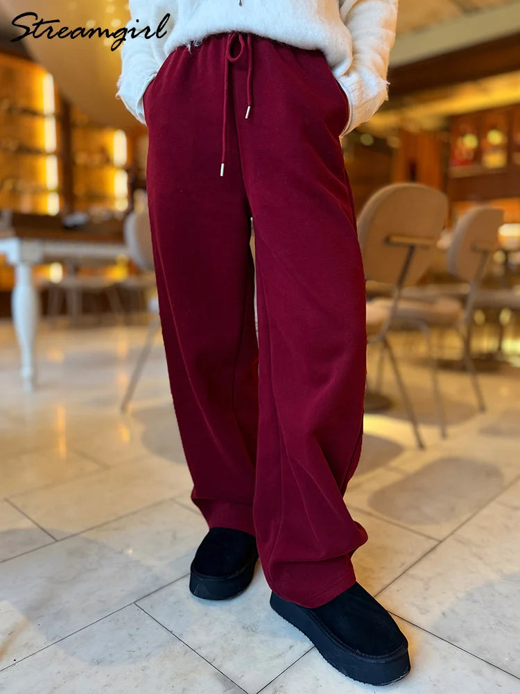 Autumn Burgundy Sweatpants Women Straight Leg Sport Pants Cotton Ladies Coffee Basic Joggers Wide Leg Women's Pants And Trousers