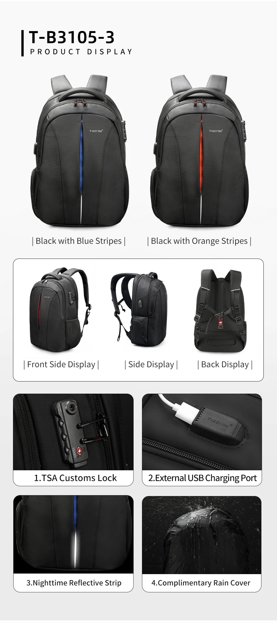 Tigernu Travel Backpacks 14-15.6-17'' Laptop Backpack For Men TSA Anti Theft Backpack Nylon Backpacks Bag For Schoolbag Knapsack