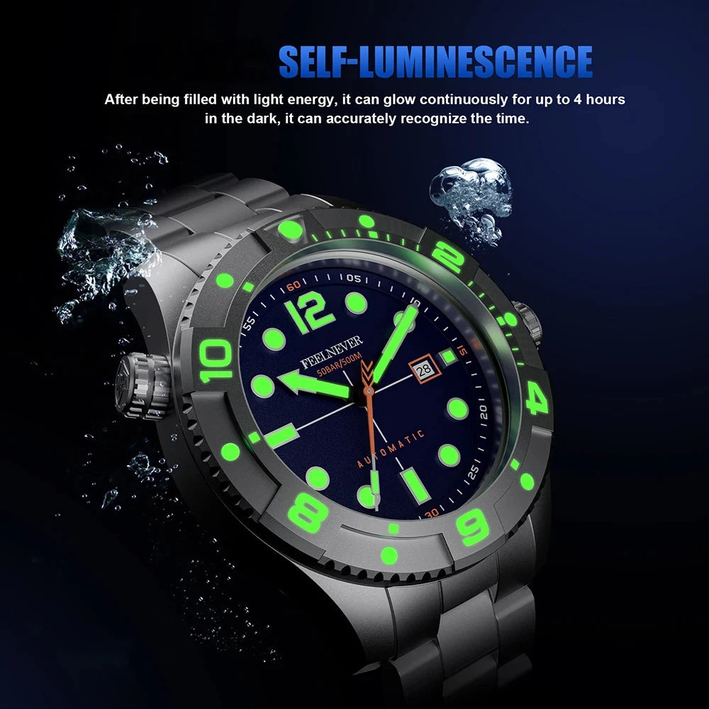 FeelNever Profession Casual Sports Mechanical Man Watch Stainless Steel Sapphire Crystal 50Bar Auto Date Wristwatch Reloj Hombre