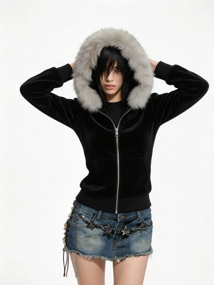 Autumn and Winter Women's Y2K GOTH Zipper Hoodie, Hairy Neck Hat, Slim Fit Long Sleeved Coat, Daily Punk Street Wear Coat