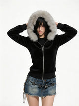 Autumn and Winter Women's Y2K GOTH Zipper Hoodie, Hairy Neck Hat, Slim Fit Long Sleeved Coat, Daily Punk Street Wear Coat