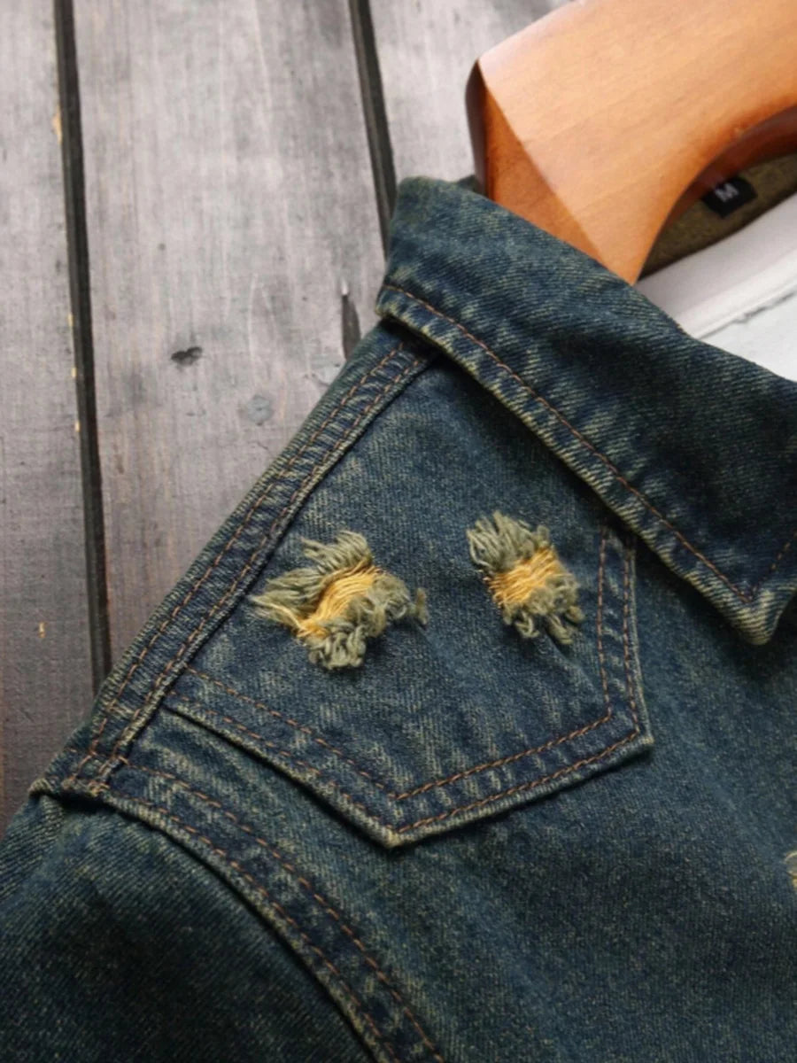 Men's Dark Denim Blue Vintage Ripped Short Sleeve Denim Shirt, Casual Lapel Denim Top With Pockets For Summer
