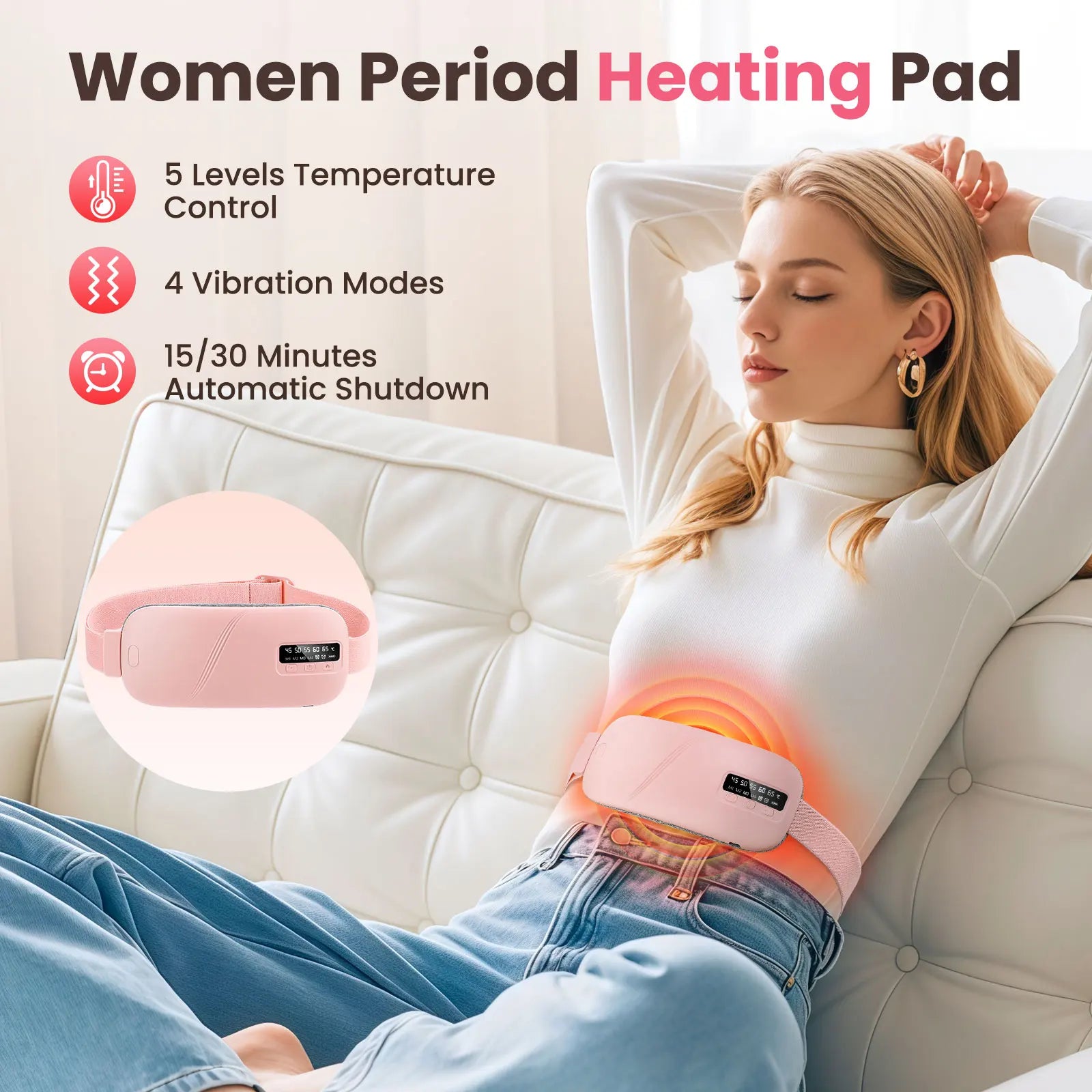 5-Mode Electric Heating & Vibration Waist Massage Belt – USA-Made Smart Menstrual Relief Pad for Period Cramps